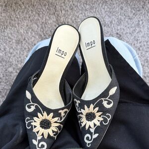 Impo Black Mules with Cream Sunflower Embroidery